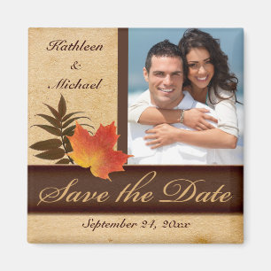 Autumn Leaves on Aged Paper Photo Save the Date Magnet