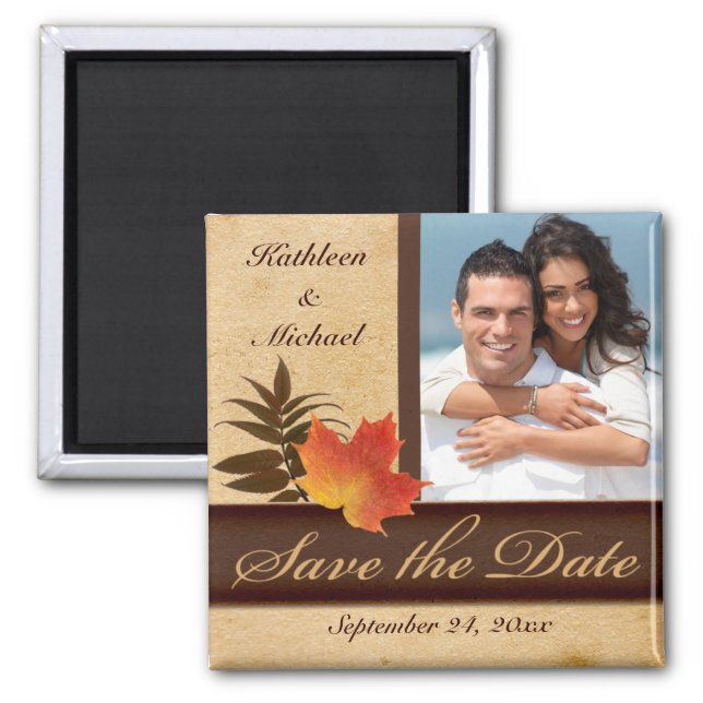 Autumn Leaves on Aged Paper Photo Save the Date Magnet (Front)