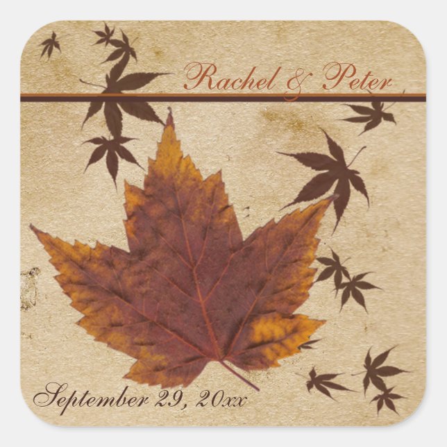 Autumn Leaves on Aged Paper Square Wedding Sticker (Front)
