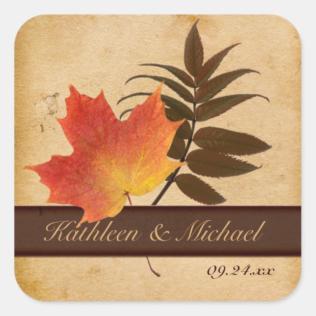 Autumn Leaves on Aged Paper Square Wedding Sticker (Front)
