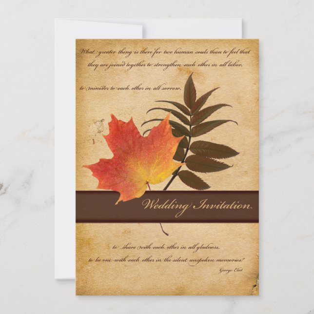 Autumn Leaves on Aged Paper Wedding Invitation (Front)