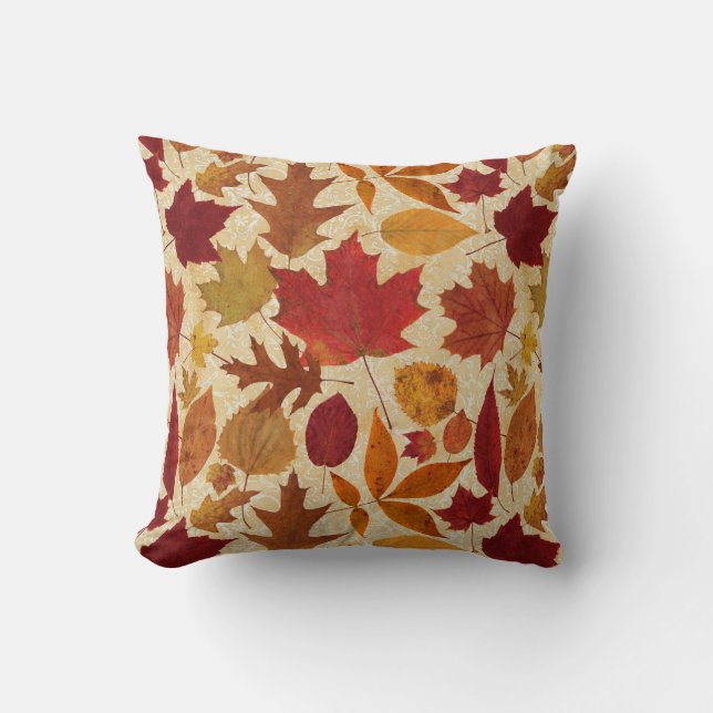 Autumn Leaves on Beige Damask Throw Pillow (Front)
