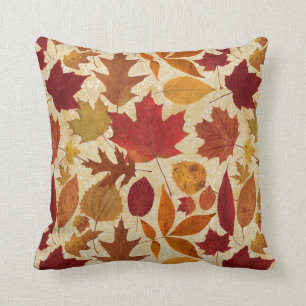 Autumn Leaves on Beige Damask Throw Pillow