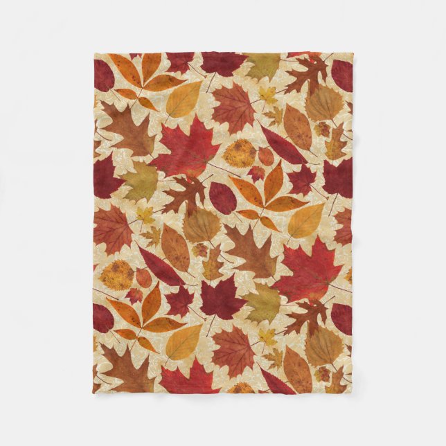 Autumn Leaves on Beige Fleece Blanket (Front)