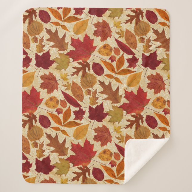 Autumn Leaves on Beige Sherpa Blanket (Front)