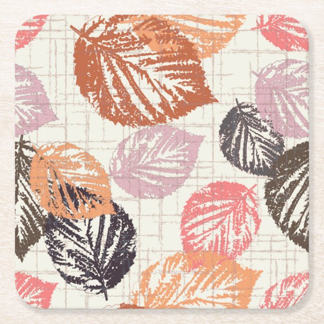 Autumn leaves on beige. square paper coaster (Front)