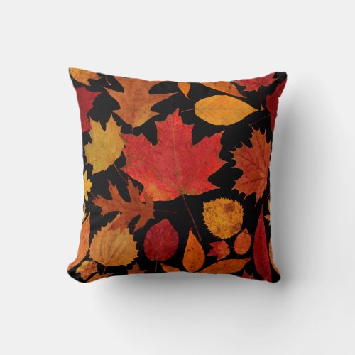 Autumn Leaves on Black Throw Pillow