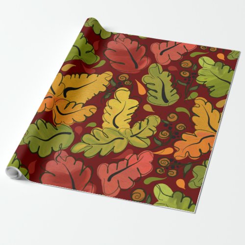 Autumn Leaves on Dark Red Background Wrapping Paper