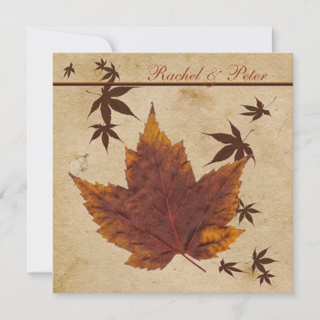 Autumn Leaves on FAUX Aged Paper Wedding Invite (Front)