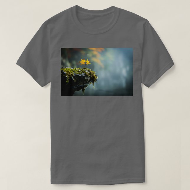 Autumn Leaves on Mossy Rock Cliff Edge Copy T-Shirt (Design Front)
