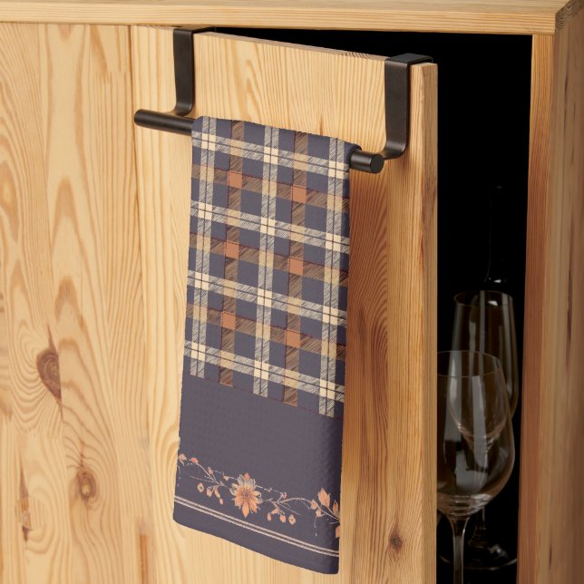 Autumn Leaves on Plaid Kitchen Towel (Thirds Fold)