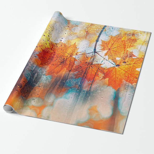 autumn leaves on rainy glass texture. concept of f wrapping paper (Unrolled)