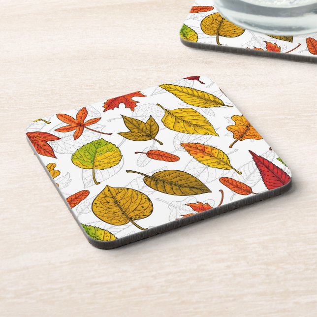 Autumn leaves on white beverage coaster (Left Side)