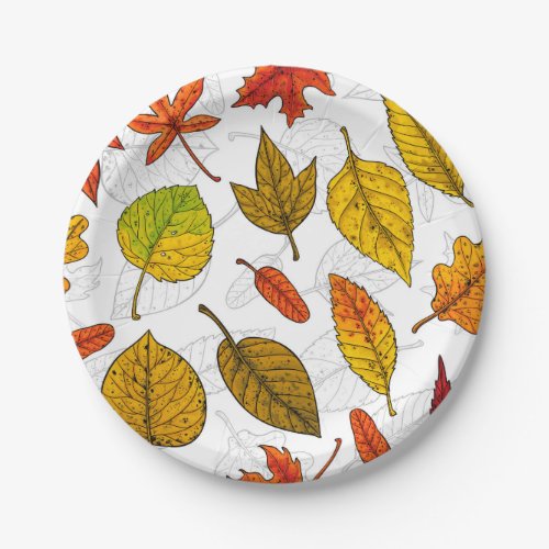 Autumn leaves on white paper plates