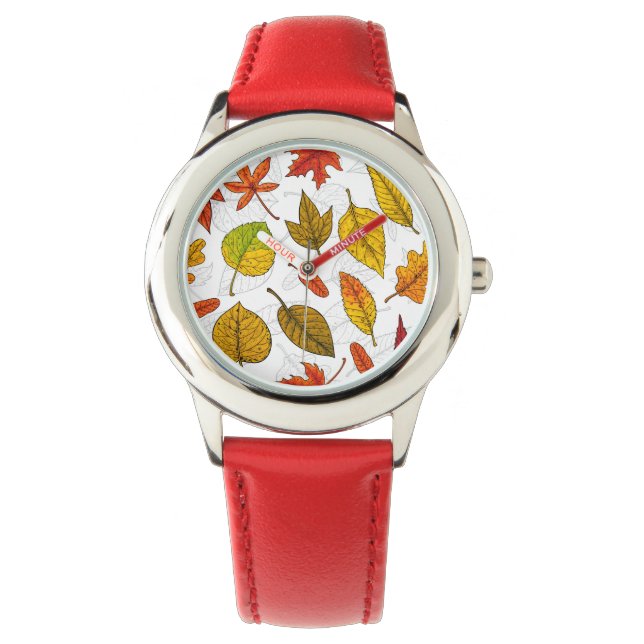 Autumn leaves on white watch (Front)