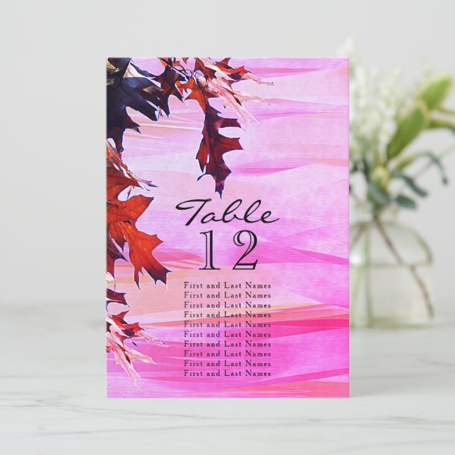 Autumn Leaves Orange Pink Swirl Table Seating List Invitation (Standing Front)