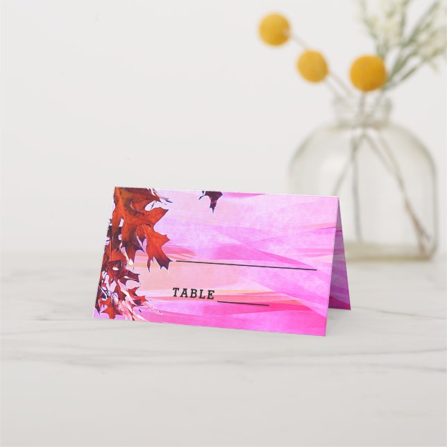 Autumn Leaves Orange Pink Swirl Wedding Table Place Card (Front)