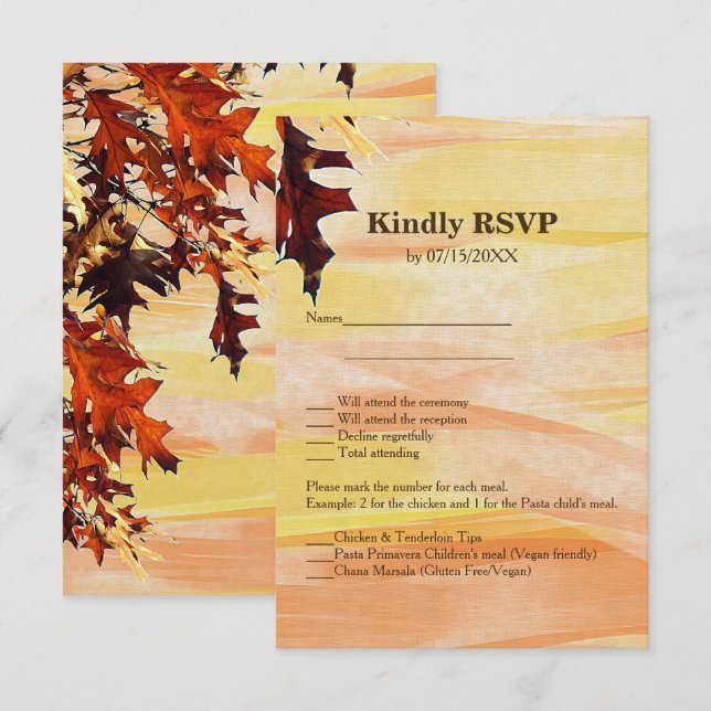 Autumn Leaves Orange Yellow Swirl RSVP Menu Card (Front/Back)