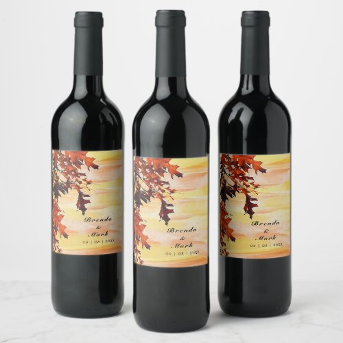 Autumn Leaves Orange Yellow Swirl Wedding Party Wine Label