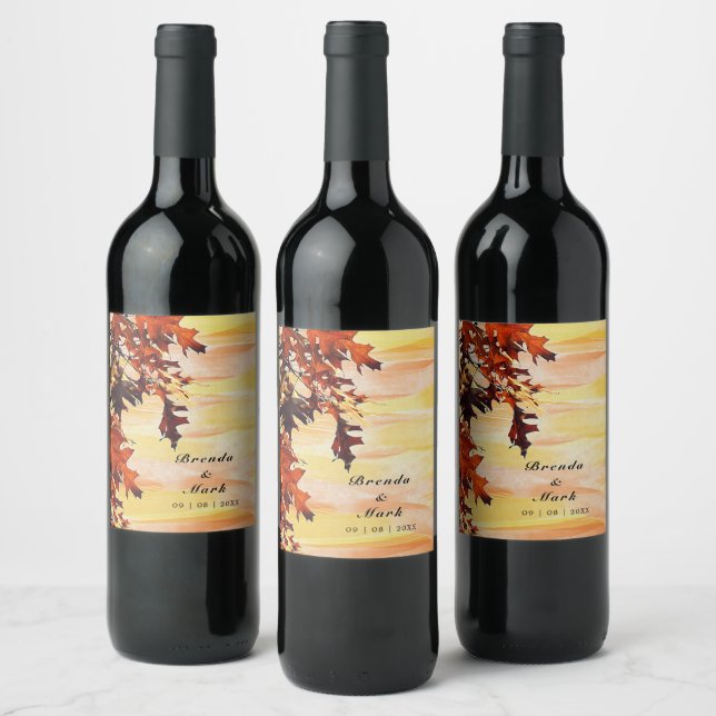 Autumn Leaves Orange Yellow Swirl Wedding Party Wine Label (Bottles)