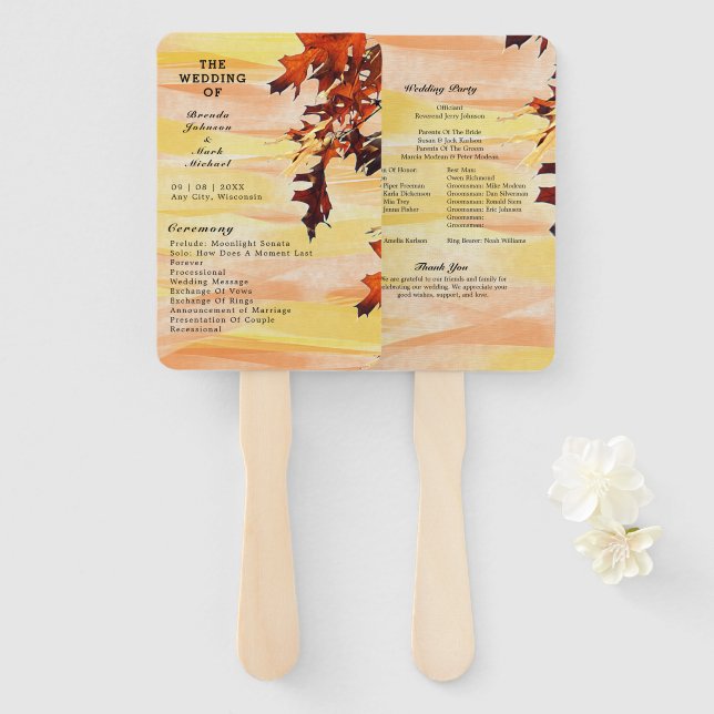 Autumn Leaves Orange Yellow Swirl Wedding Program Hand Fan (Front and Back)
