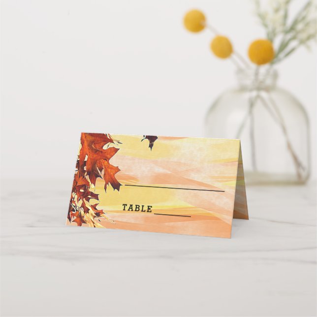 Autumn Leaves Orange Yellow Swirl Wedding Table Place Card (Front)