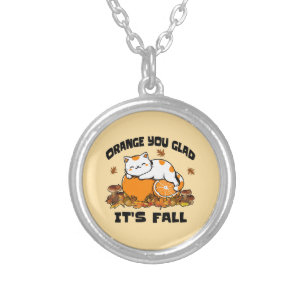 Autumn Leaves Orange You Glad It's Fall Funny Cat  Silver Plated Necklace