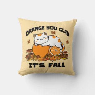 Autumn Leaves Orange You Glad It's Fall Funny Cat Throw Pillow