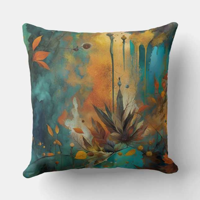 Autumn Leaves paint Teal Rust Gold Abstract Throw Pillow (Back)