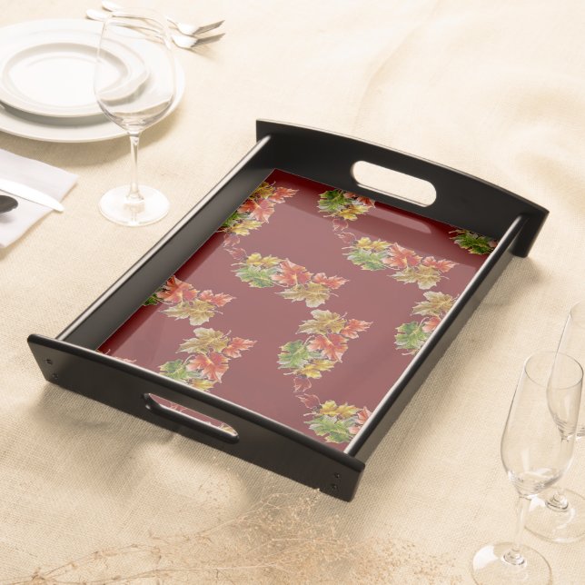 Autumn Leaves Pattern Burgundy Red Serving Tray (Front)