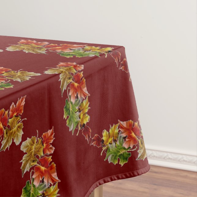 Autumn Leaves Pattern Burgundy Red Tablecloth (In Situ)