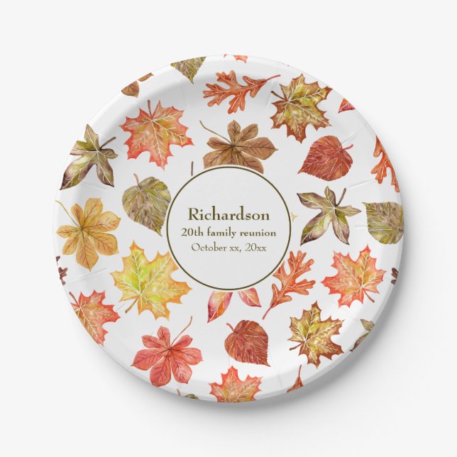 Autumn leaves pattern fall family reunion paper plates (Front)