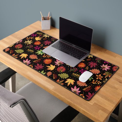 Autumn Leaves Pattern on Black Desk Mat