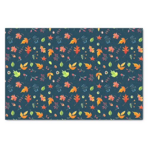 Autumn Leaves Pattern Watercolor Dark Teal Tissue Paper