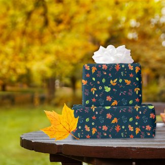 Autumn Leaves Pattern Watercolor Navy Blue