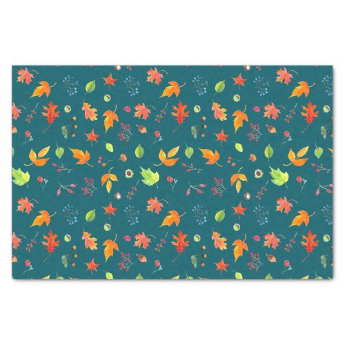 Autumn Leaves Pattern Watercolor Teal Green Tissue Paper