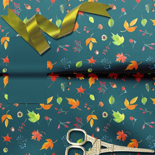 Autumn Leaves Pattern Watercolor Teal Green Tissue Paper (Creator Uploaded)