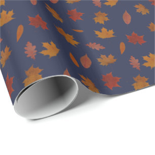 Autumn Leaves Photographic on Blue Custom Color Wrapping Paper