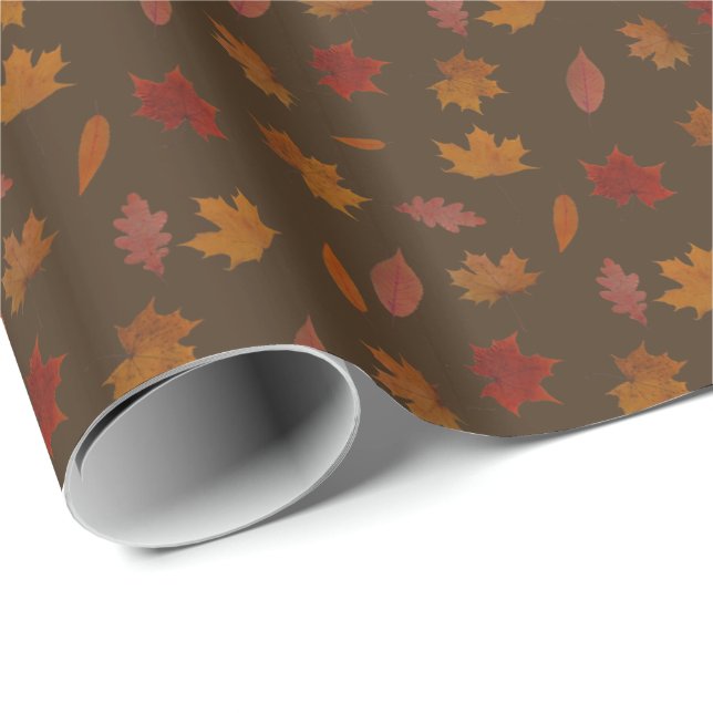 Autumn Leaves Photographic on Brown Custom Color Wrapping Paper (Roll Corner)