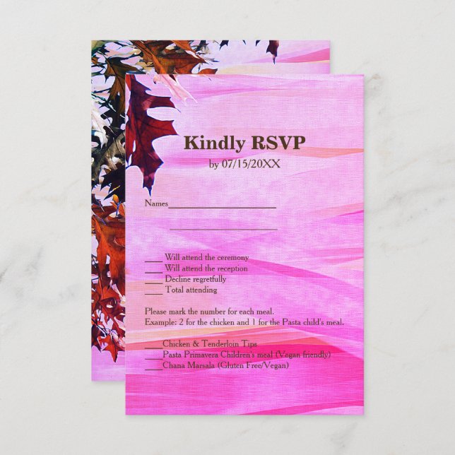 Autumn Leaves Pink Swirl RSVP Menu Card (Front/Back)