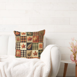 Autumn Leaves & Plaid 20x20 Cushion: Cozy Fall Vib Throw Pillow