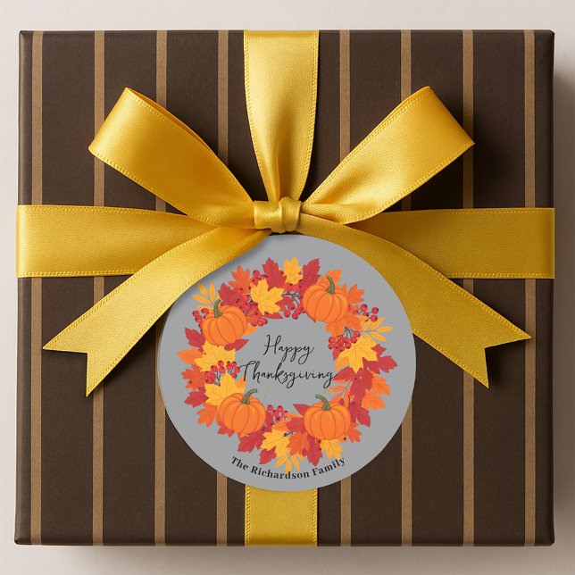 Autumn Leaves Pumpkin Berry Wreath Family Name Classic Round Sticker (Creator Uploaded)