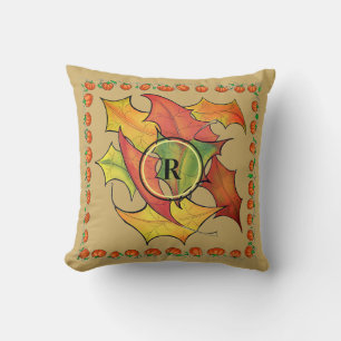 Autumn Leaves Pumpkin Border Monogrammed Throw Pillow
