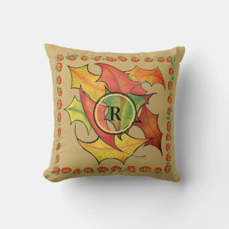Autumn Leaves Pumpkin Border Monogrammed Throw Pillow