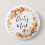 Autumn Leaves Pumpkin Bridesmaid Button<br><div class="desc">Our autumn bridesmaid wedding party button features a beautiful autumn leaf & pumpkins wreath with a hand lettered script.
 Visit our shop to view  our fall leaves & pumpkin collection.</div>