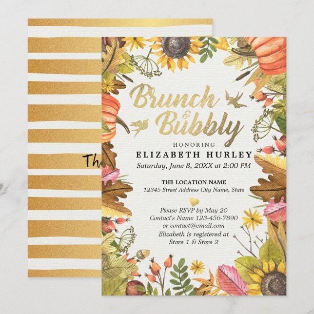 Autumn Leaves Pumpkin Brunch Bubbly Bridal Shower Invitation (Front/Back)