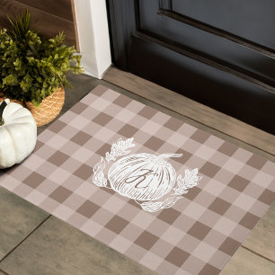 Autumn Leaves Pumpkin Custom Monogram Taupe Plaid Doormat