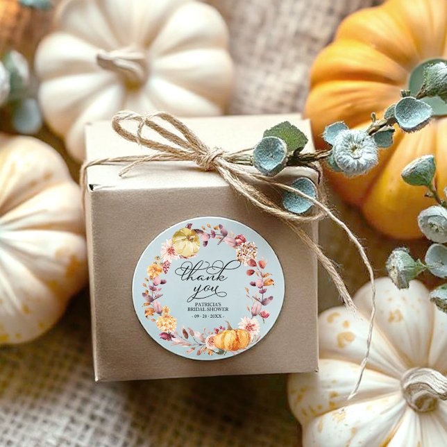 Autumn Leaves Pumpkin Fall Bridal Shower Favor Classic Round Sticker (Creator Uploaded)