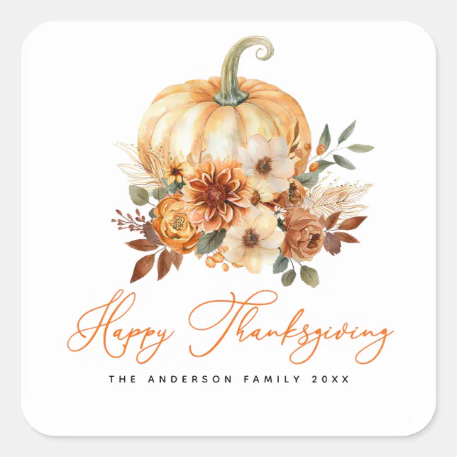 autumn leaves pumpkin happy thanksgiving square sticker | Zazzle