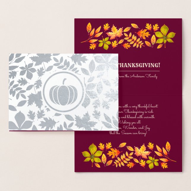 Autumn Leaves & Pumpkin Luxury Thanksgiving Real Foil Card (Display)